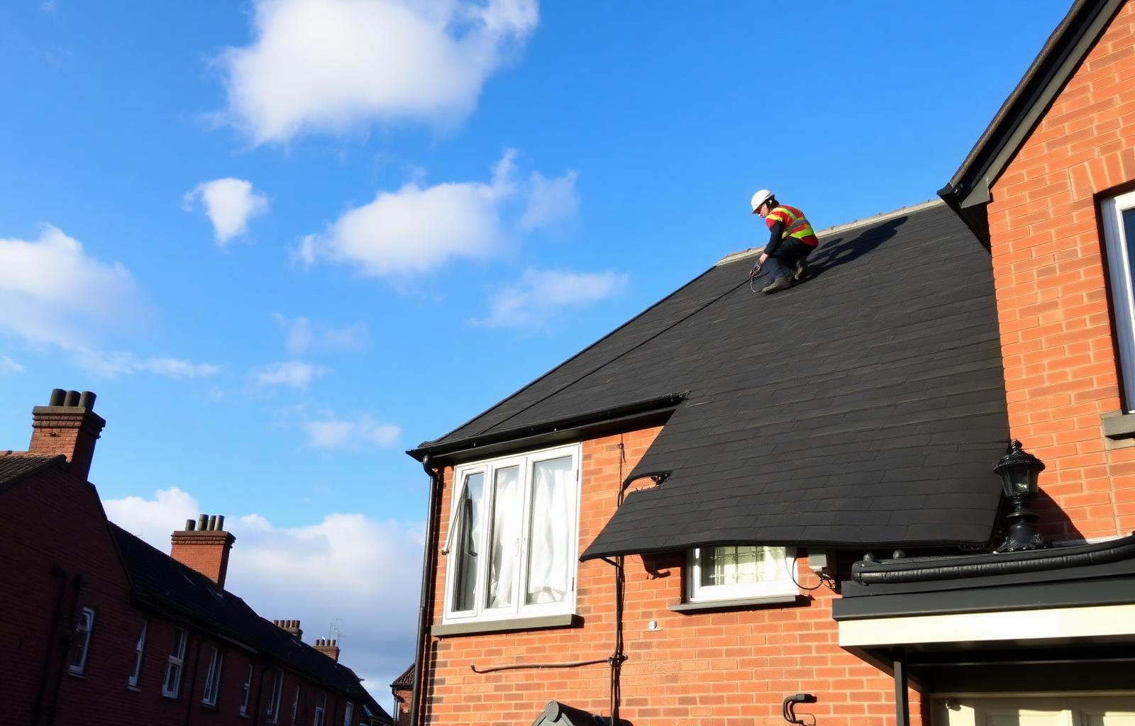 Professional roofer working on a Manchester home